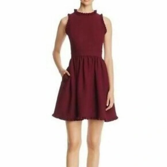 Kate Spade Ruffle Fit and Flare Pockets Dress Burgundy Size 0 NWOT - Picture 1 of 7